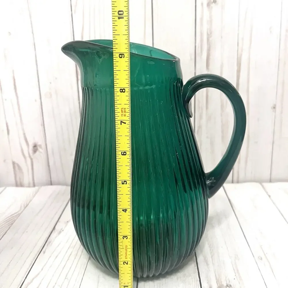 IKEA VINTAGE SALLSKAPLIG Emerald GREEN RIBBED GLASS PITCHER / VASE